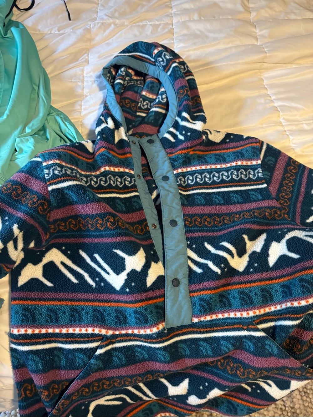 The North Face Teal Jacket with Pink and Orange Pattern